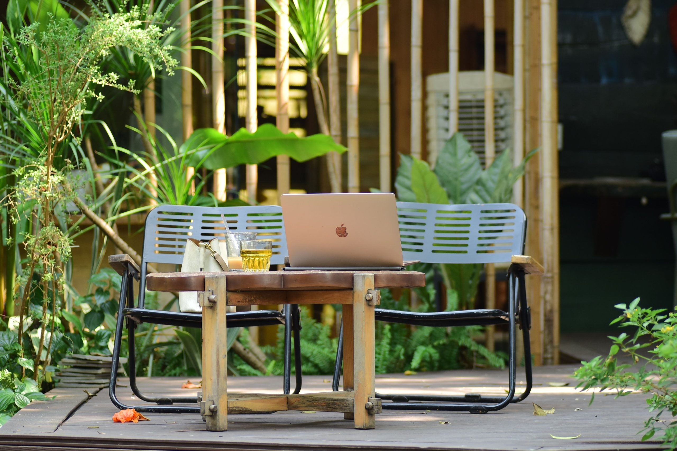 Laptop and wooden table arranged as an outdoor workspace among garden greenery.